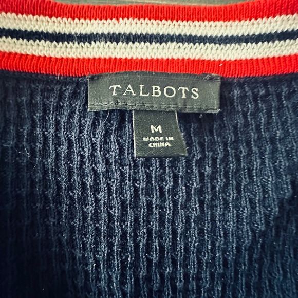 Talbots Navy Textured Knit Cardigan Red White Trim Pearl Button Women's Size M - Picture 4 of 11